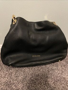 Michael Kors Black Pebbled Leather Shoulder Hobo with Gold Hardware